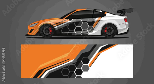 High-velocity orange and white sports car with hexagonal honeycomb design on side panel.