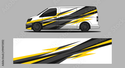 Dynamic graphic wrap design on white van with yellow and black stripes.