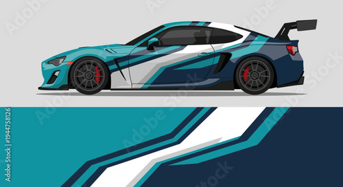 Side view of a blue racing sports car with bold graphic design and dynamic lines.