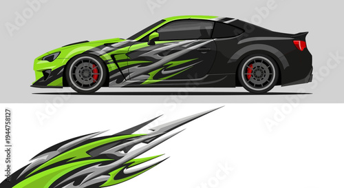 Green and black sport car with aggressive decals and aerodynamic design.