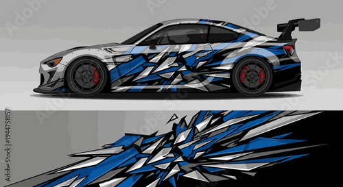 Side and top views of a blue graphic race car with dynamic angular designs and racing decals.