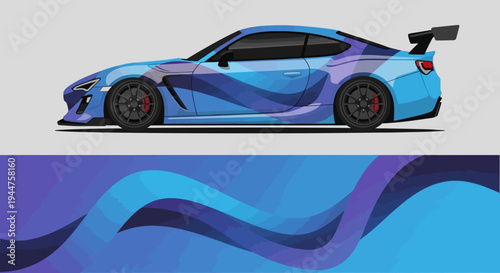 Stunning blue sports car on a road with abstract wave patterns beneath, dynamic design and speed imagery.