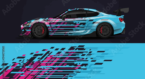 Glitch art styled neon sports car with cyan and pink highlights on a dark background.