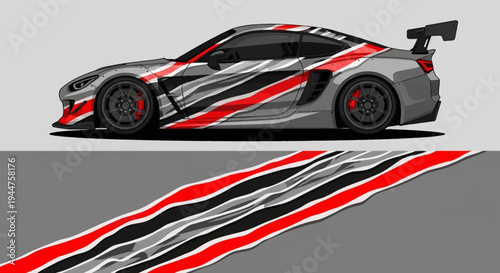 High speed race car with bold red, white, and black livery and dynamic graphics.