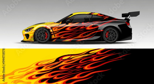 Side View of a Vibrant Flame-Decorated Sports Car in Striking Yellow and Black Livery.