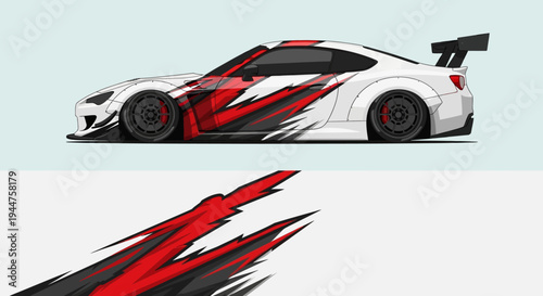 High-speed white race car with red and black graphics on light blue background.