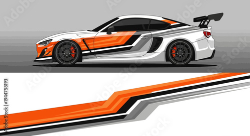 Sleek Orange and White Sports Car with Graphic Detailing.