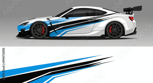 High-speed racecar with blue, black and white livery featuring sleek graphic stripes.