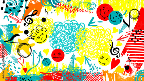 Abstract funny background with blots and various abstract elements. music with notes . Hand drawn. Not AI, vector illustration.