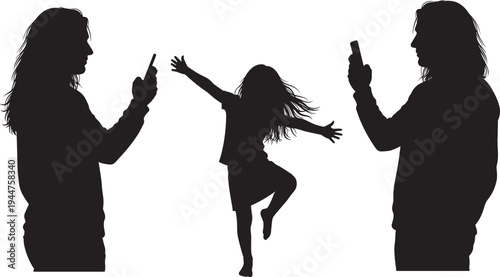 Black silhouettes of mother and father using smartphones while ignoring their young daughter dancing and playing isolated on white background for digital addiction concepts.