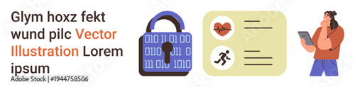 Data privacy, health tracking, online security, medical records, modern health apps, personal data. Binary code padlock, health report and user with tablet. Data privacy and health tracking concept