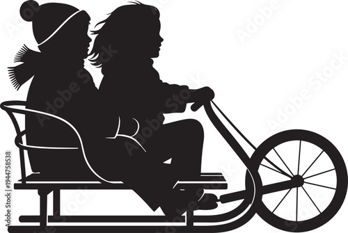 Black silhouette of two young children wearing winter hats and scarves riding together on a vintage sled or sleigh isolated on white background.