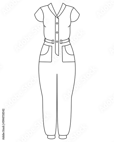 Summer overalls, women's clothing - vector lineart for coloring. Outline. Overalls with pockets for a girl.