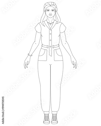 Girl in overalls and sneakers, fashion illustration, summer overalls, women's clothing - vector lineart for coloring. Outline. Doll in overalls with pockets for coloring.