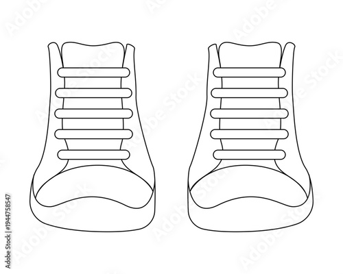 Shoes, laced sneakers, front view - vector image for coloring. Outline. Shoes with laces, lineart.