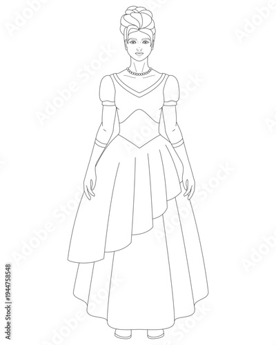 Tableau sur toile A girl dressed in a fluffy ball gown, fashion illustration, evening dress, women's clothing - vector linear drawing for coloring