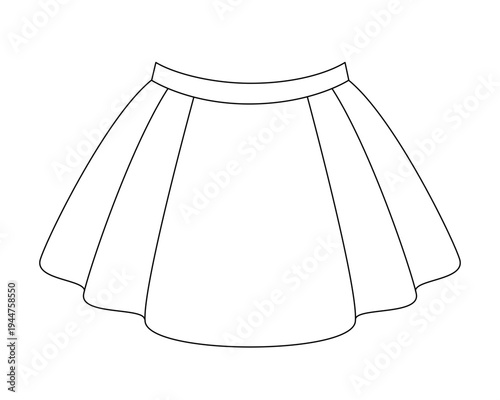 Skirt, wide, short pleated skirt, women's clothing - vector linear image for coloring. Outline. Clothing sketch: skirt.
