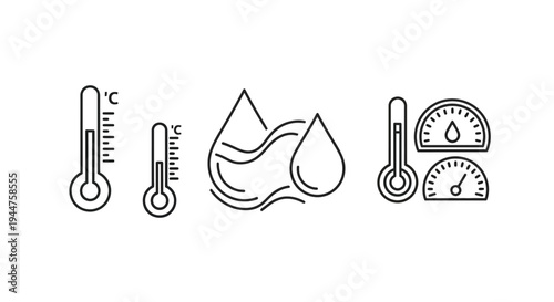 Line art weather icons displaying temperature and humidity silhouette