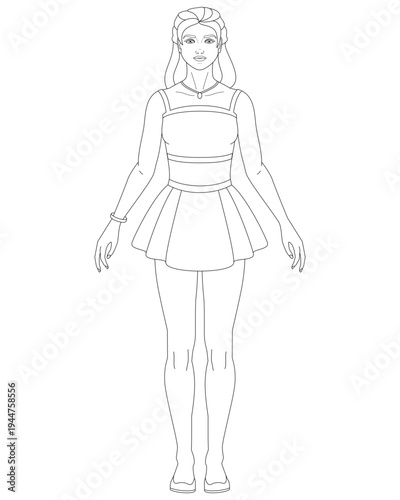 Foto A girl in a crop top with straps and a short, full skirt, fashion illustration, summer suit, women's clothing - vector lineart for coloring