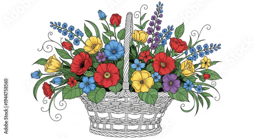 Colorful flowers in a wicker basket with green leaves and vibrant blooms on white background