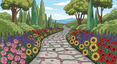 Colorful garden pathway with vibrant flowers and trees leading to distant mountains under blue sky