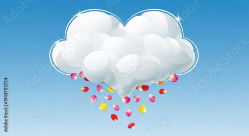 Heart shaped cloud releasing colorful flower petals in the sky
