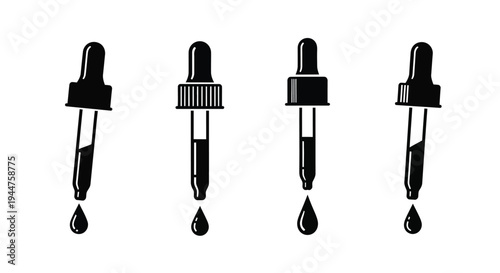 Four dropper bottles in a row simple black silhouette