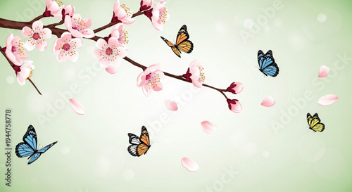 Colorful butterflies flying around pink cherry blossom branch with falling petals on green background
