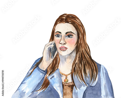Watercolor painting of a woman talking on a cell phone. Hand-drawn illustration of a beautiful woman in a blue coat