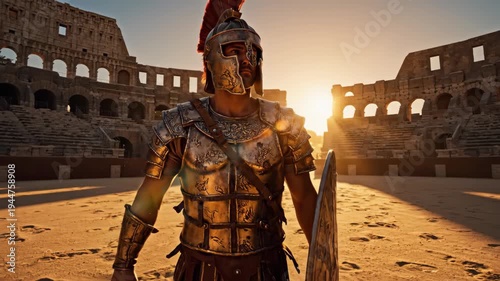 Roman gladiator standing in the colosseum arena at sunset