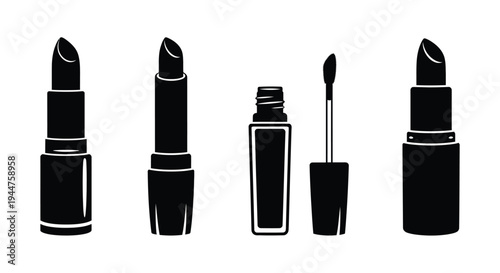 Variety of cosmetic lipsticks and applicators in black silhouette