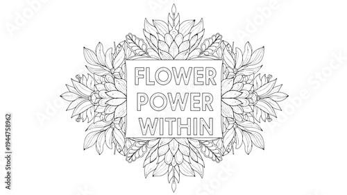 A black and white line drawing of a floral design with the phrase 'Flower Power Within' in a meditative and calming illustration, ideal for adult coloring books and mindfulness activities.