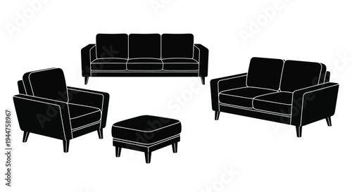 Modern furniture set including sofa chairs and ottoman silhouette