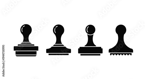 Four black stamp icons displayed in a simple graphic silhouette