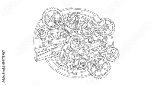 A detailed black and white illustration of mechanical gears and cogs, perfect for adult coloring books, promoting relaxation and creativity with its intricate design.