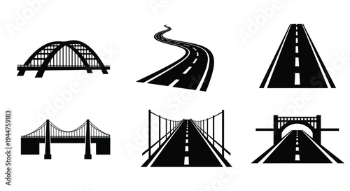 Black silhouettes of various bridge and roadway designs