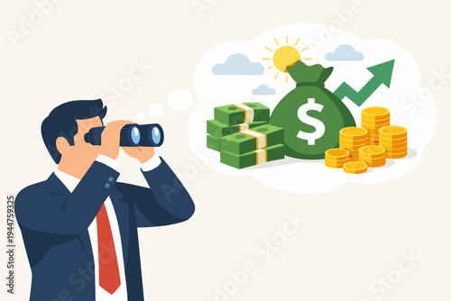 Businessman looking through binoculars at future financial success with money bag stacks of cash and gold coins representing investment growth profit and wealth vision in flat vector style
