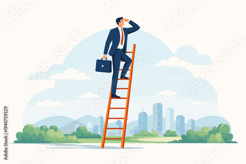 Businessman in a suit climbing a ladder to gain a new perspective on his career and life goals, looking towards a city skyline with a briefcase, concept of success, ambition, and vision.