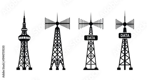 Four communication towers in a stark black silhouette