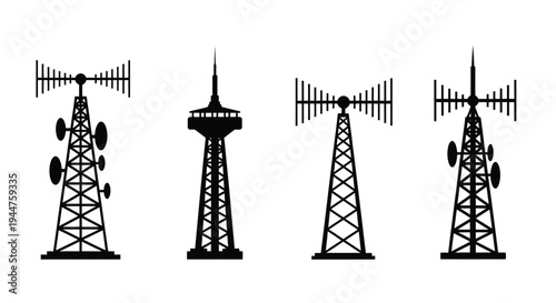 Four communication towers stand against a white background silhouette