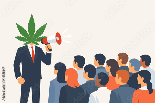 Businessman with cannabis leaf head shouting into megaphone to a crowd, representing marijuana legalization, advocacy, corporate weed industry, drug policy reform, and the green rush movement.
