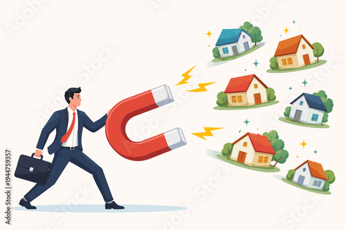 Businessman holding a large red horseshoe magnet attracting houses. Concept for real estate marketing, property investment, lead generation, sales success, and home buying. Flat vector illustration.