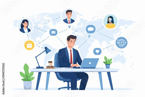 Businessman Working at Desk with Laptop Connected to Global Network and International Team via Internet, Flat Vector Illustration of Worldwide Communication, Outsourcing, and Remote Work Concept