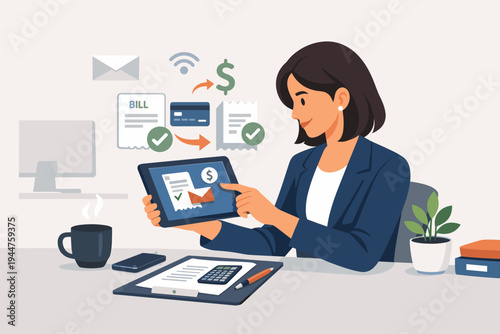 Businesswoman sitting at office desk paying bills online using tablet computer, managing finances with digital banking, electronic payments, financial planning, accounting, flat vector illustration