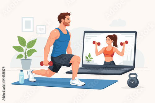 Fit man performing lunges with dumbbells on a yoga mat while following an online fitness instructor on a laptop screen. Home workout, digital health, and remote personal training vector concept.
