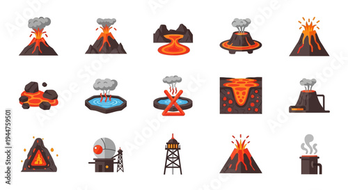 Set of volcanic and fire themed icons and illustrations for design.