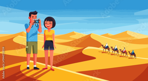 Two children in a sunny desert pose for a photo with a distant caravan of camels under a blue sky and vast sand dunes.