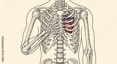 Detailed anatomical illustration of human ribcage and lungs highlighting thoracic anatomy.