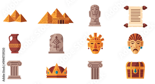 Collage of Ancient Pyramids Temples Statues Scroll Relics Artifacts and Relics Across Architecture.