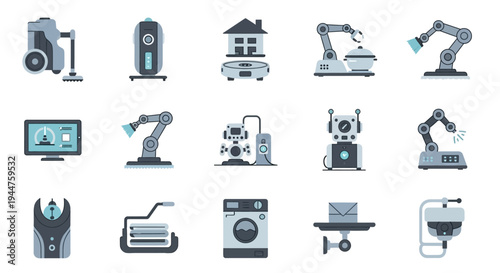 A collection of blue line icons representing diverse machines, devices, and industry tools used in technology and manufacturing.